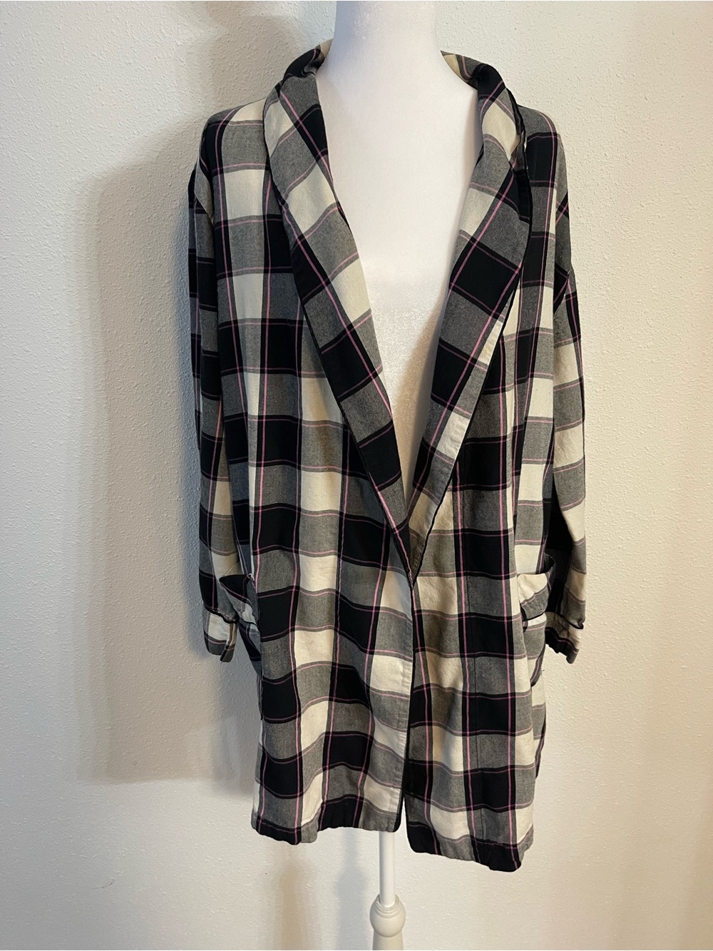 Victoria's Secret Black, White & Pink Plaid Jean Jacket